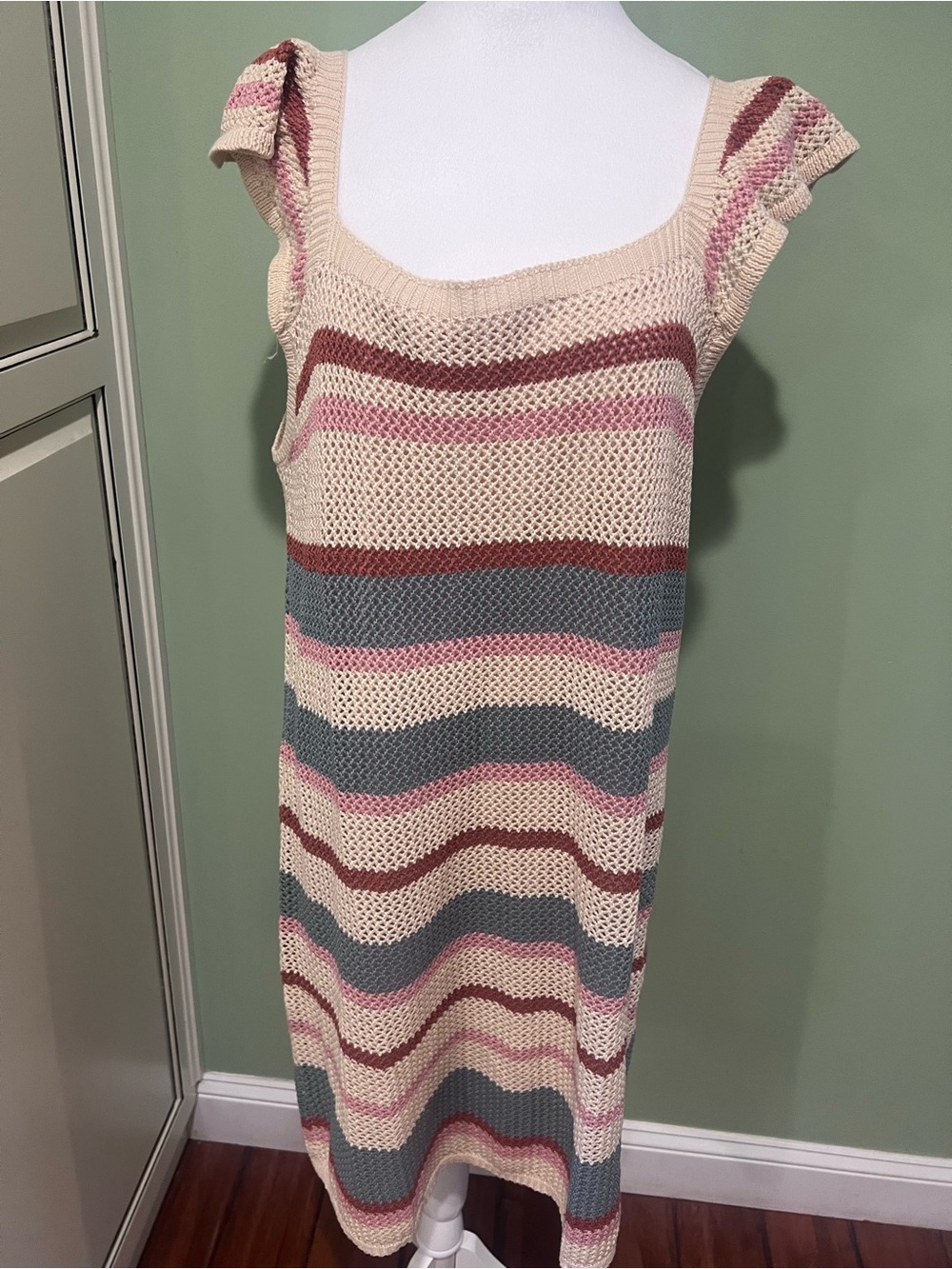 NWT Knit Striped Scoop Neck crochet Midi Dress - Cream, Pink & Gray